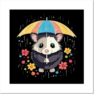 Opossum Rainy Day With Umbrella Posters and Art